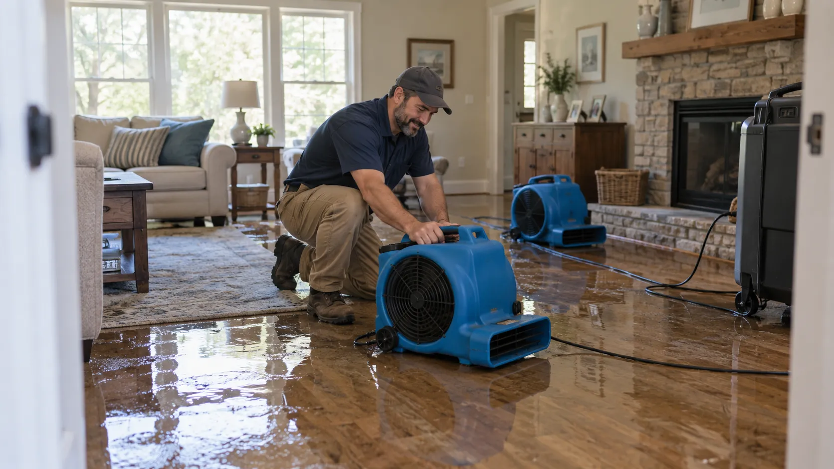Water damage restoration technician drying a flooded living room in Louisville